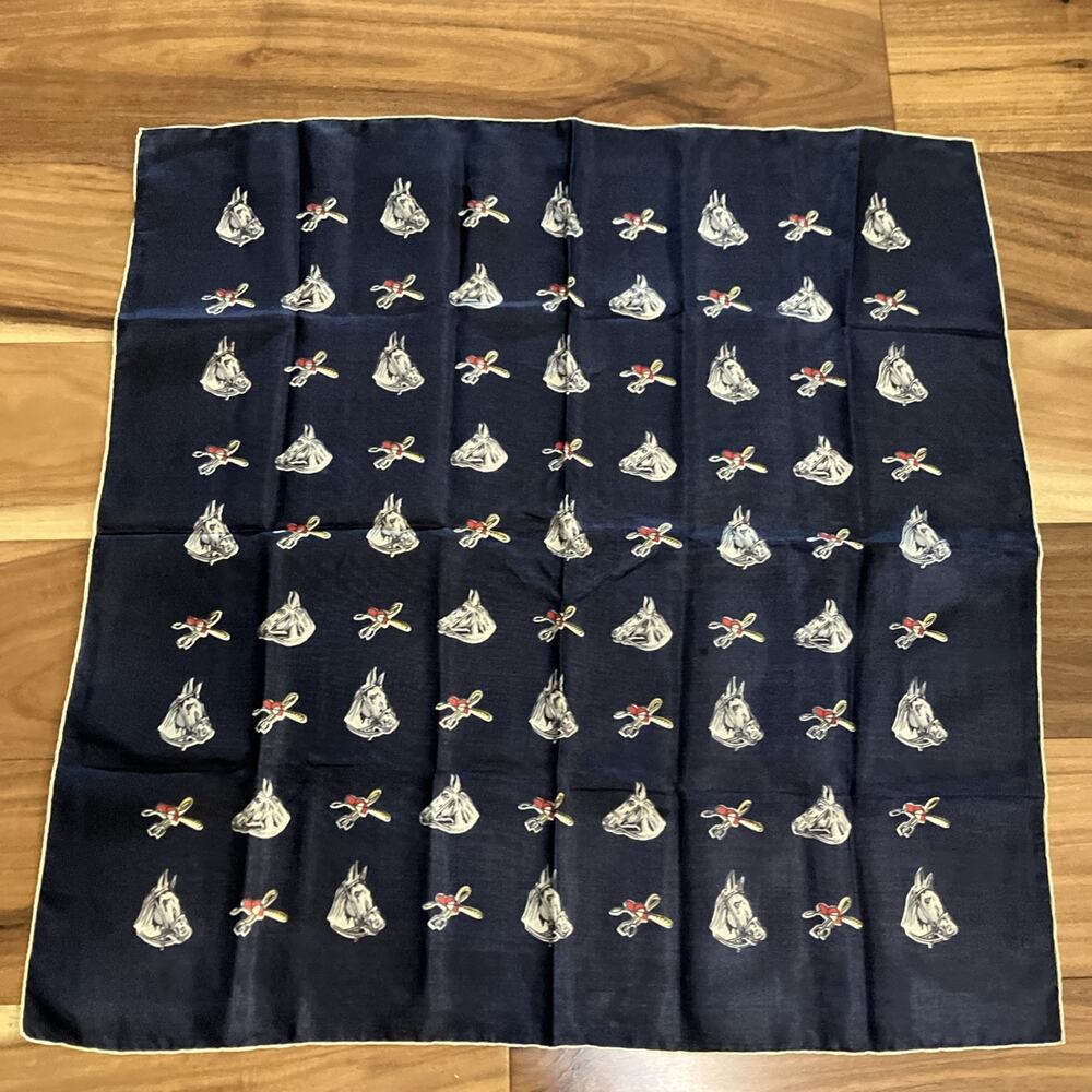 Vtg 1940's Scarf Horse Polo 22x22” Square Souvenir Rare Silky Navy Hand Rolled
